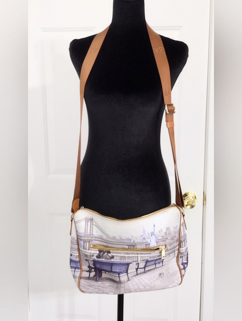 Leather Cityscape Print Crossbody Bag with Tan Strap